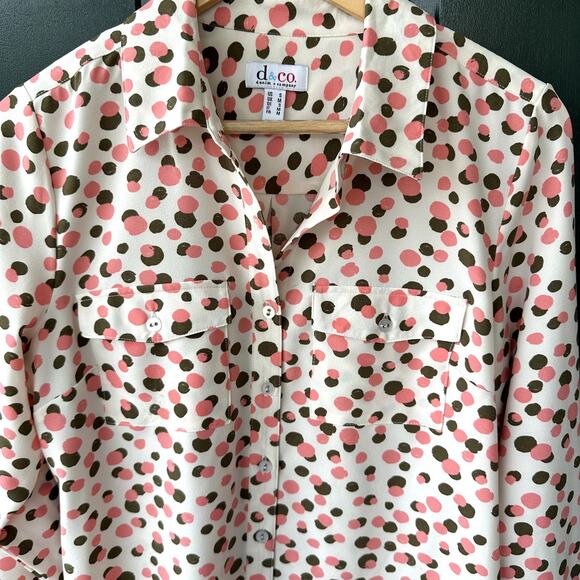 Denim & Co. Sz S Button Front Silky Pink Dot Button Front Blouse Career Office - Picture 2 of 6